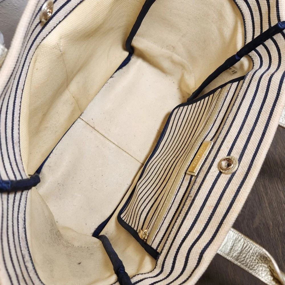Tory Burch Striped Canvas Gold Metallic Leather Tote Bag Handbag Purse Nautical
